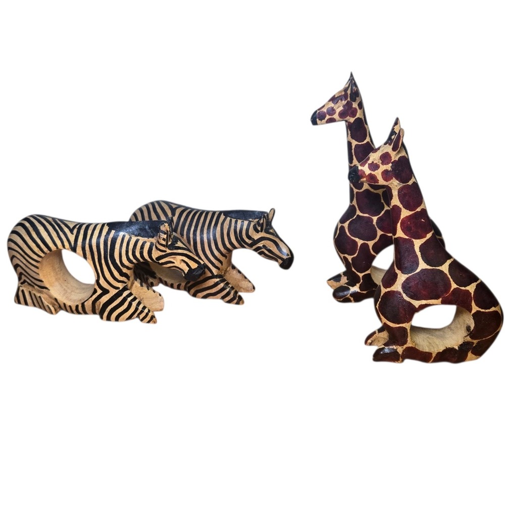 Wood Safari Animal Napkin Rings Set of 4 Giraffe Zebra Hand Painted Boho Decor